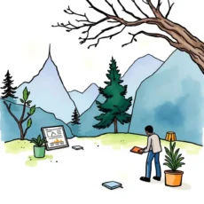 A person analyzes financial data amidst a serene mountain landscape, showcasing focus and clarity.