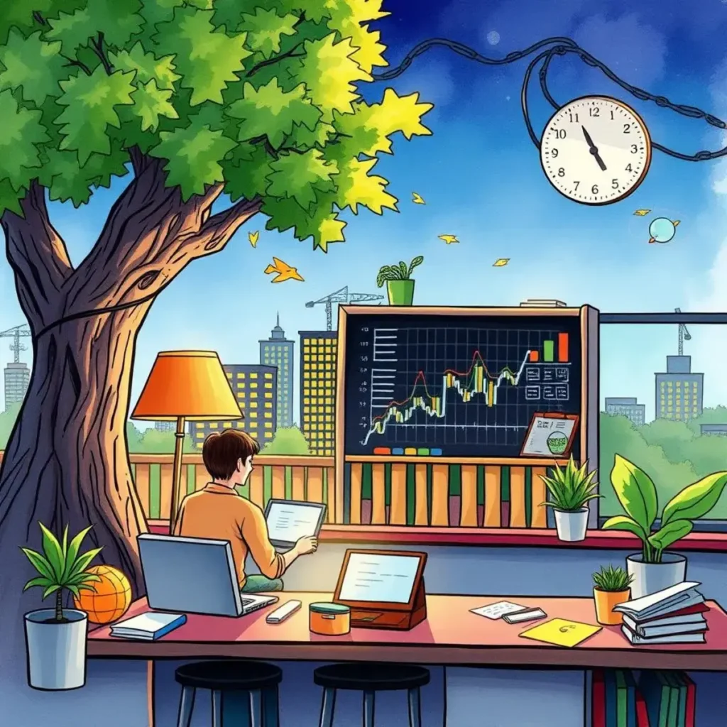 Parameter reviewer: Review model parameters for accuracy and relevance 1 A person reviews financial data on a laptop in a modern setting with a large chart display behind them