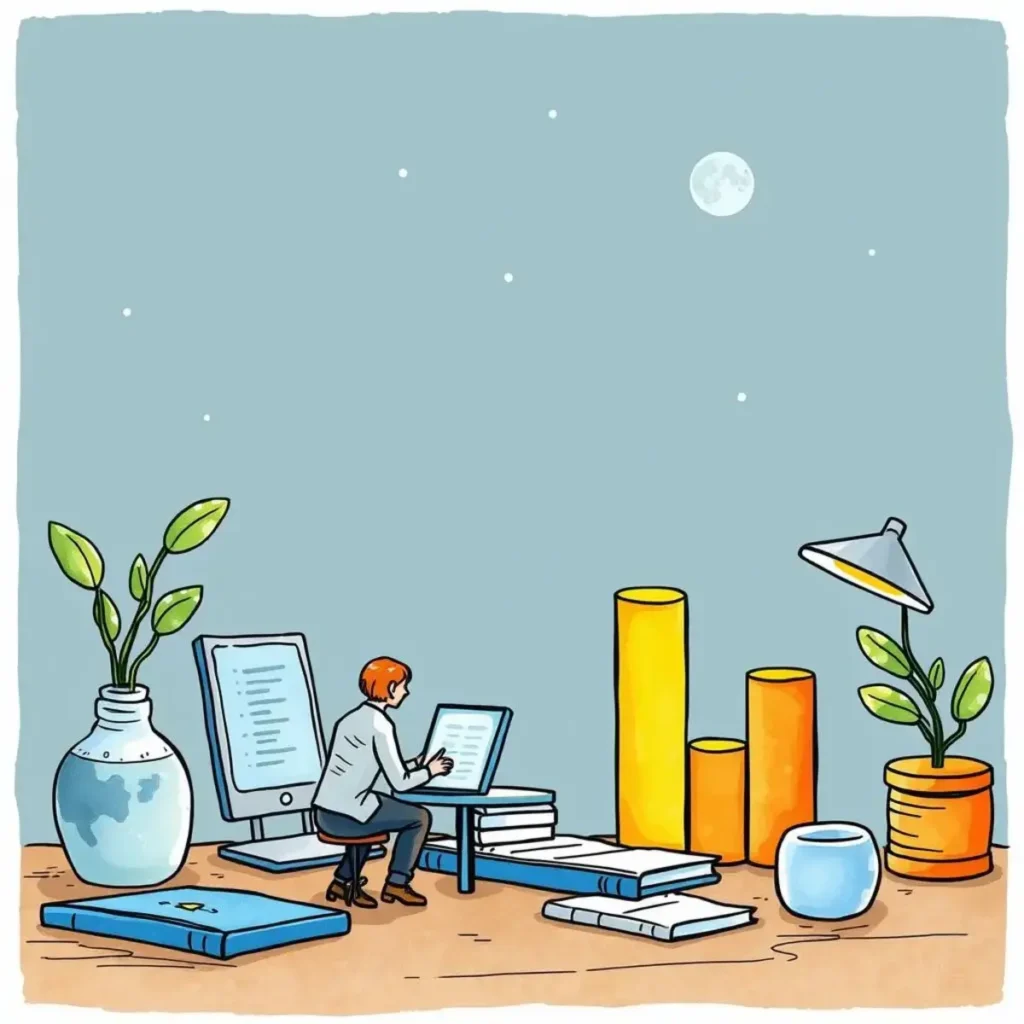 Performance scenario forecaster: Predict financial performance based on inputs 1 A person analyzing financial data on a digital device amid books and plants in a cozy workspace