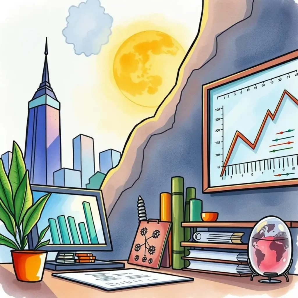 A finance workspace with charts, graphs, and a city skyline backdrop.