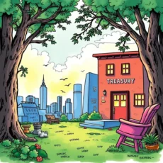 Colorful illustration of a treasury building in a city park setting.