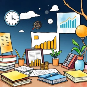 Colorful workspace with financial charts and documentation tools.