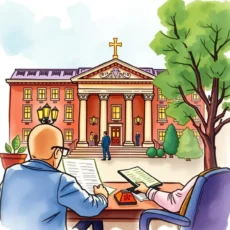 Professionals reviewing financial reports outside a formal building.