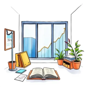 Home office scene featuring a financial report and growth charts.