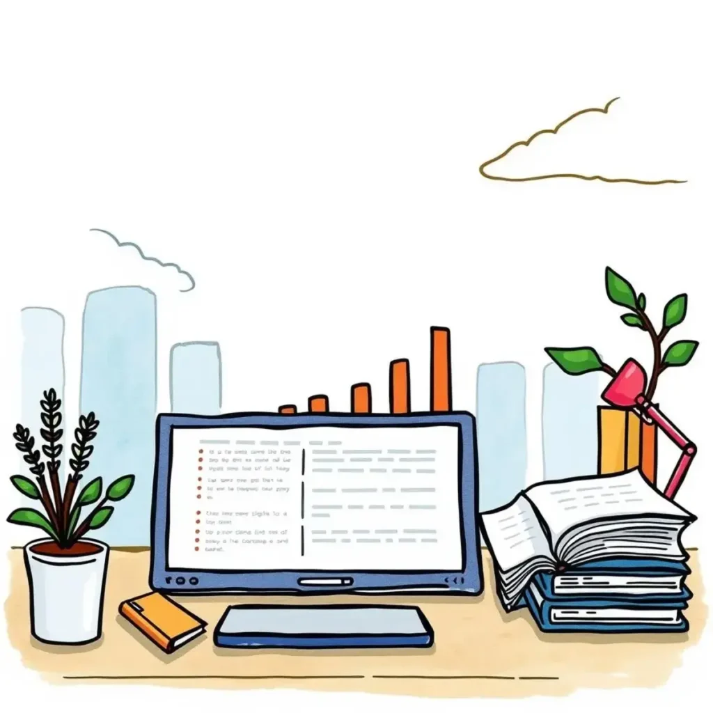 Desktop with computer displaying financial data and reports, plants, and books.