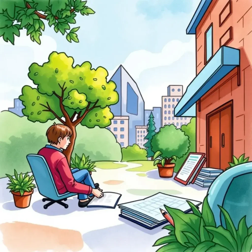 Clarification request generator: Automatically create requests for clarification in reports 1 Person working outside on financial documents, surrounded by greenery and cityscape.