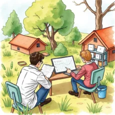 Two professionals analyzing data on a laptop outdoors, with houses nearby.