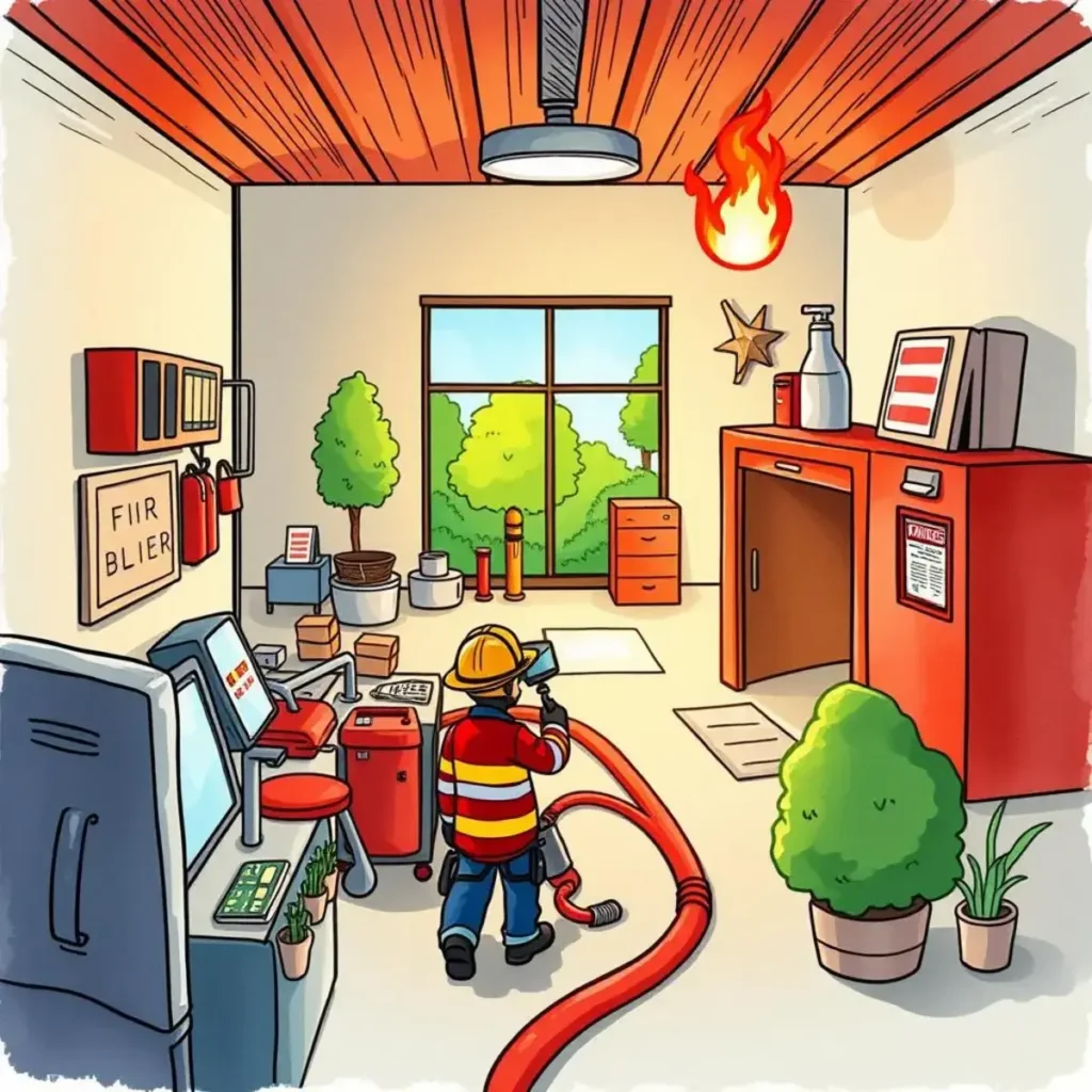 Illustration of a firefighter preparing for fire safety training indoors.