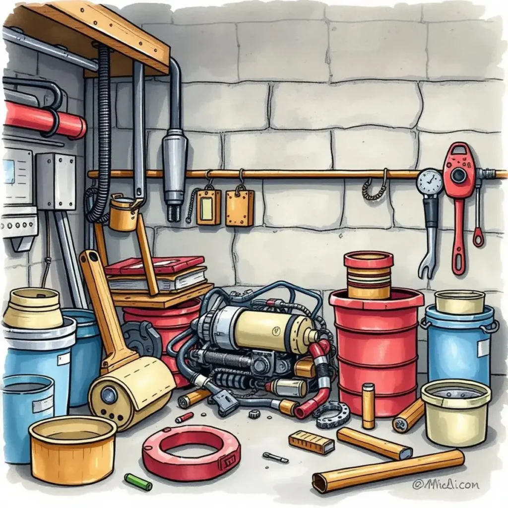 Fixing guidelines generator: Develop clear repair instructions from descriptions 1 A cluttered maintenance workshop filled with various tools and equipment.