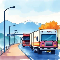 Trucks navigating a scenic route, symbolizing fleet route optimization.