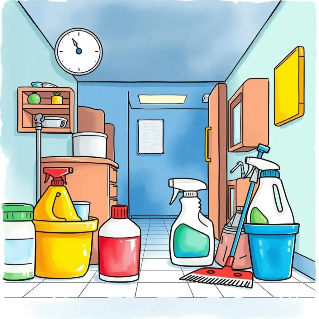 Floor cleaning product selector: Recommend suitable cleaning products for various floors 1 Bottles of cleaning products displayed in a brightly lit custodial space.