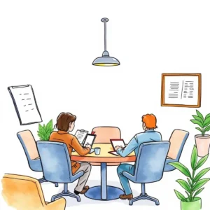 Focused Agenda Maker tool facilitating a meeting between two professionals at a conference table with notes.