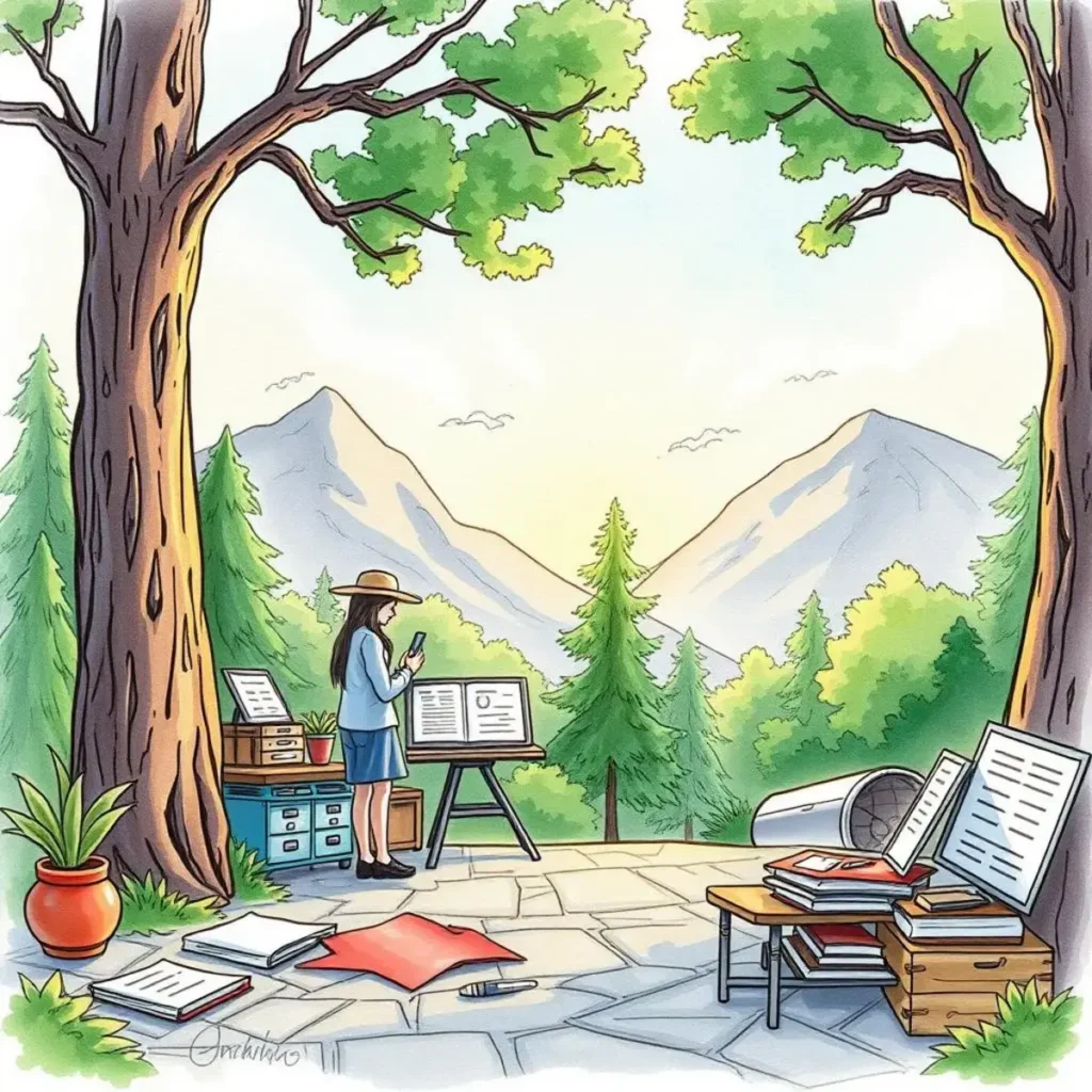Follow-up action generator: Generate detailed follow-up action plans 1 A professional devising plans in a serene, outdoor setting.