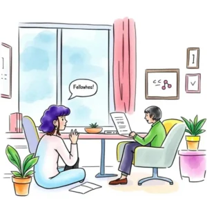 A person sitting at a table interacts with another person across from them in a bright office setting.
