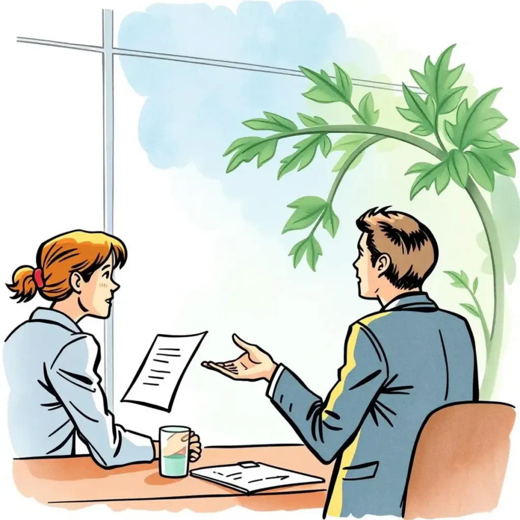 Follow up email draft generator: Create personalized follow-up emails instantly 1 Two professionals discussing a job offer near a window with plants.