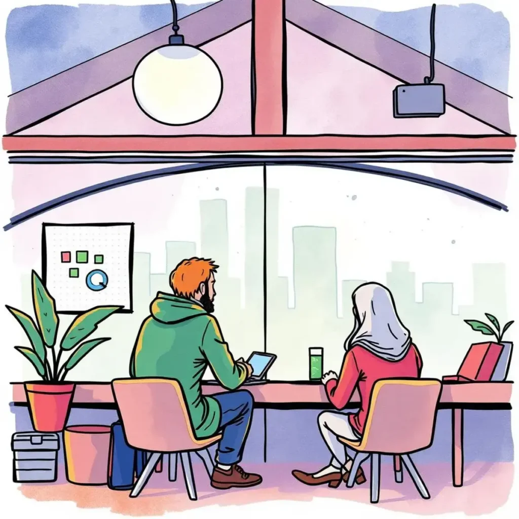 Follow-up prompt builder: Generate prompts for effective survey follow-ups 1 Two professionals collaborating on survey follow-up prompts in a modern office.