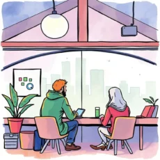 Two professionals collaborating on survey follow-up prompts in a modern office.