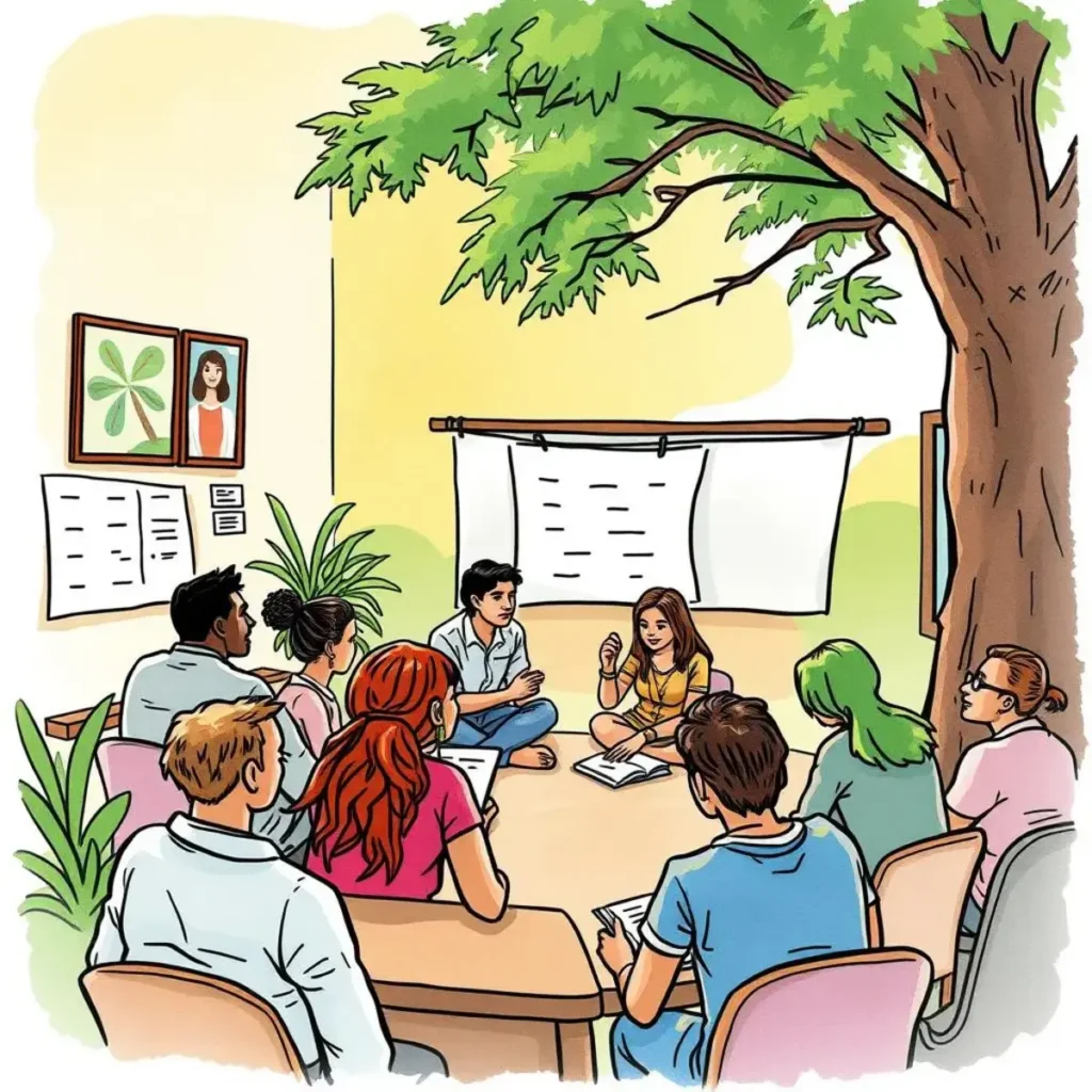 Group discussion under a tree, focusing on training feedback collection.