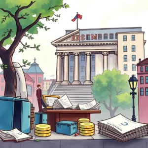 A lively city scene featuring a desk cluttered with financial documents and currency coins, symbolizing FX reporting work