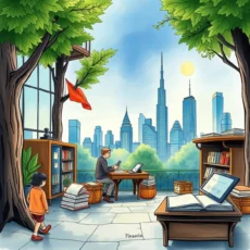 A financial analyst works in a serene library overlooking a city skyline.