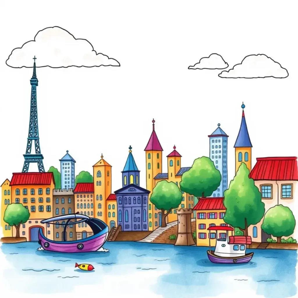 A colorful cityscape featuring a river, boats, trees, and a prominent tower in the background.