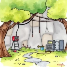 A whimsical circuit design workspace under trees, featuring engineering tools and equipment.