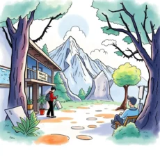 Business professionals strategizing in a serene mountain setting.
