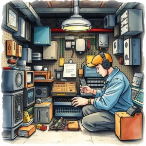 Component specification extractor: Summarize specifications for hardware components 8 Technician summarizing hardware components in a cluttered workspace.