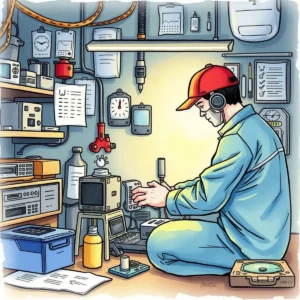 Fault diagnosis descriptor: Generate descriptions of common faults and fixes 10 Diagnosing hardware faults in a cluttered IT workspace featuring various tools and devices in use.