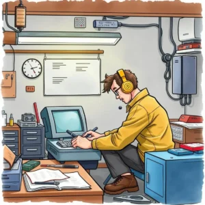 Technician summarizing repair manuals in an it workspace.