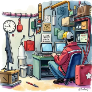 Technician using computers in a hardware repair workspace.
