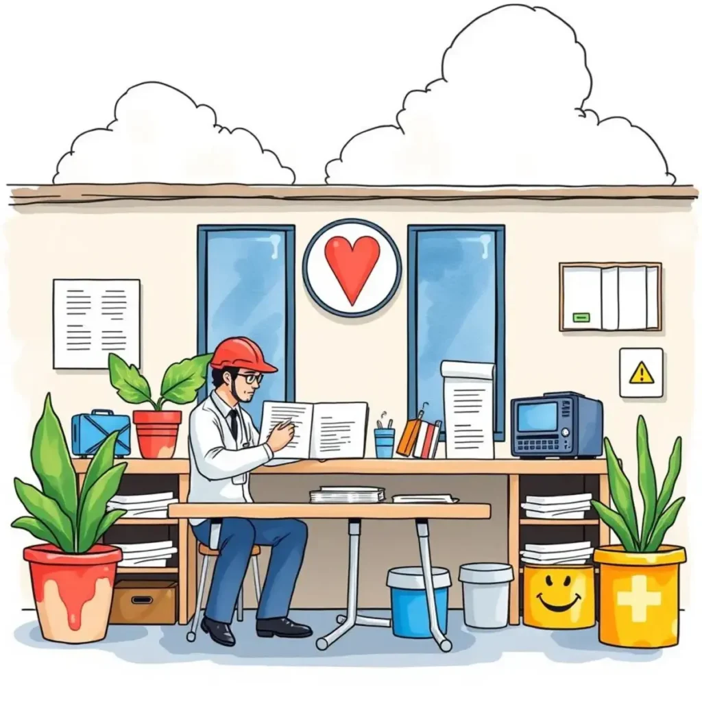 Health and safety manual drafting tool: Compose health and safety manuals for employees 1 A professional in a hard hat reviews health and safety documents at an office desk filled with plants and resources.