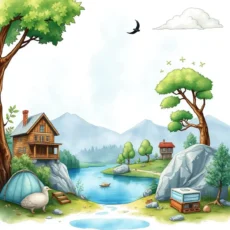 A serene lakeside scene depicting nature's harmony with a cozy cabin and lush greenery