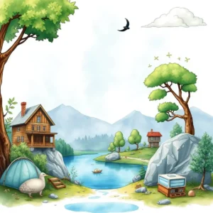 A serene lakeside scene depicting nature's harmony with a cozy cabin and lush greenery