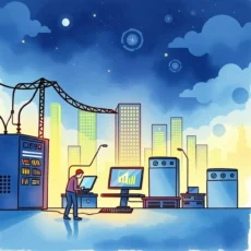 A professional engaged with technology in a vibrant cityscape, illustrating the Impact Analysis Generator tool