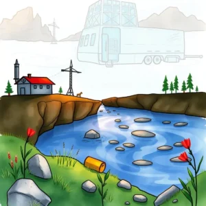 Impact assessment evaluator: Analyze and evaluate environmental impacts 5 Illustration showing a river, landscape, and environmental assessment tools.