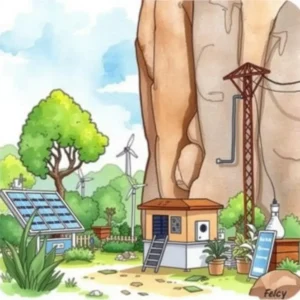 Illustration of renewable energy systems with solar panels and wind turbines.