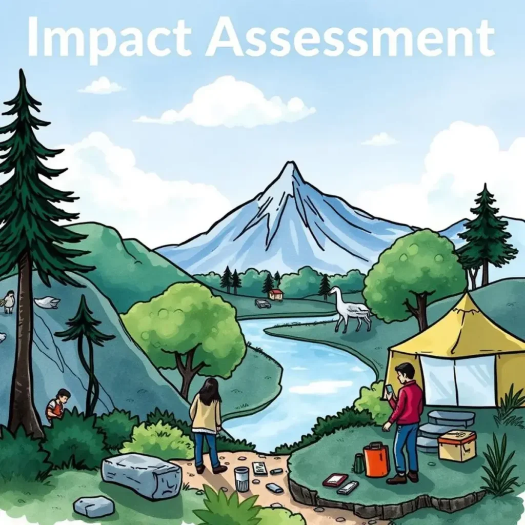 Social benefit evaluator: Assess the benefits of initiatives on society 1 Assessing social impact in a scenic landscape with two people studying their environment.