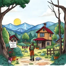Person standing in a scenic landscape with mountains and a cozy house.