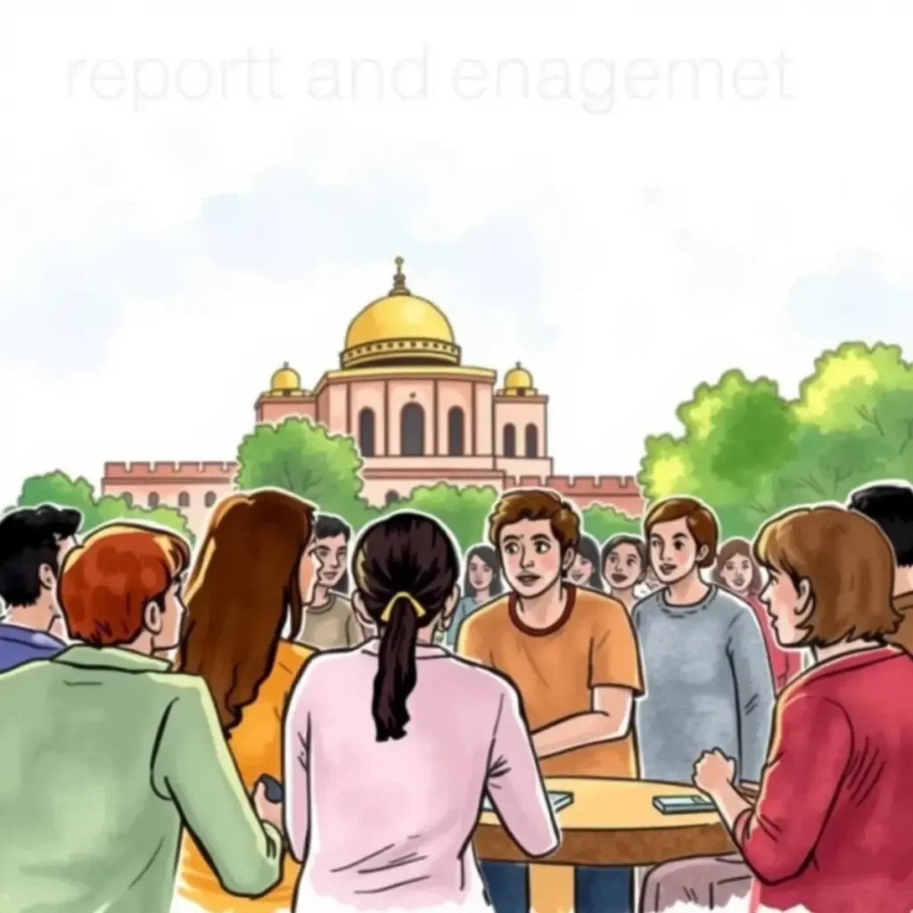 Impact evaluator: Assess feedback for social project effectiveness 1 Impact Evaluator tool illustrated in a community discussion with a backdrop of a landmark.