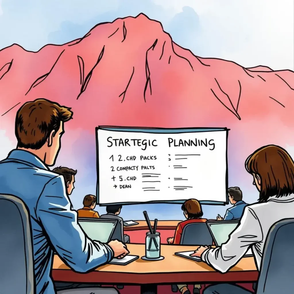 Impact statement generator: Formulate impactful statements from strategic inputs 1 Team collaborating on strategic planning using digital tools.
