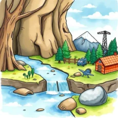 Illustration depicting a serene landscape with environmental features and wildlife.