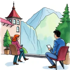 Two professionals discussing bonus schemes with a mountain view backdrop.
