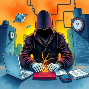 A hooded figure typing on a laptop amid a chaotic digital landscape.