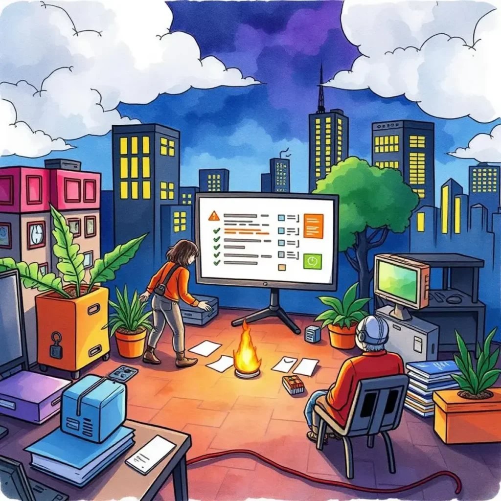 Incident containment plan maker: Create structured incident containment plans 1 IT professionals developing an incident containment plan in an urban setting.