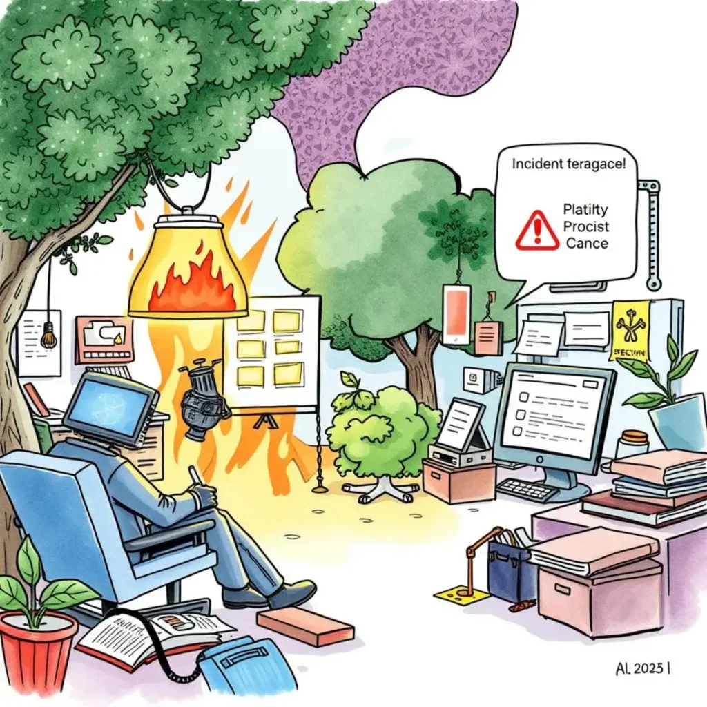 Incident detail analyzer: Analyze and summarize incident-related text data 1 A cybersecurity professional analyzing incident data amidst chaotic surroundings.