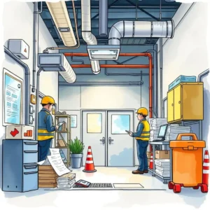 Workers organizing incident reports in a safety compliance environment.