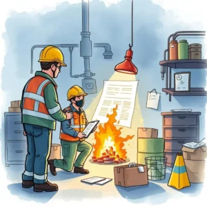 A worker reviews documents while standing near a fire in an industrial setting for incident investigation.
