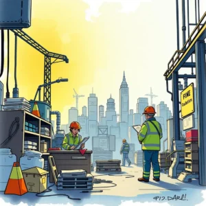 Construction workers reviewing reports in a busy cityscape