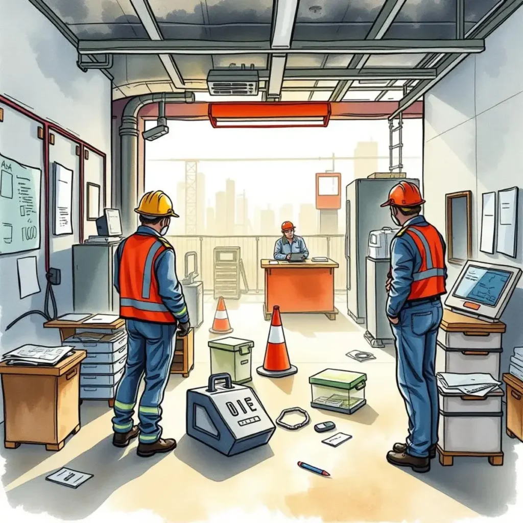 Incident statement streamliner: Streamline witness statements into clear outputs 1 A busy workplace scene with safety investigators discussing incident reports in an industrial setting.